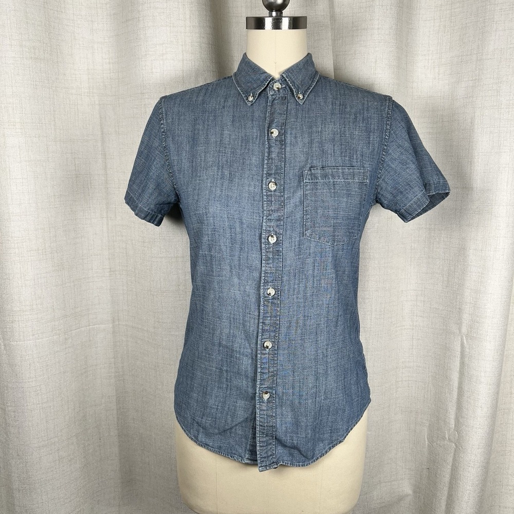 J. Crew Chambray Shirt Men's Small Button Down Short Sleeve Denim Slim Fit Blue